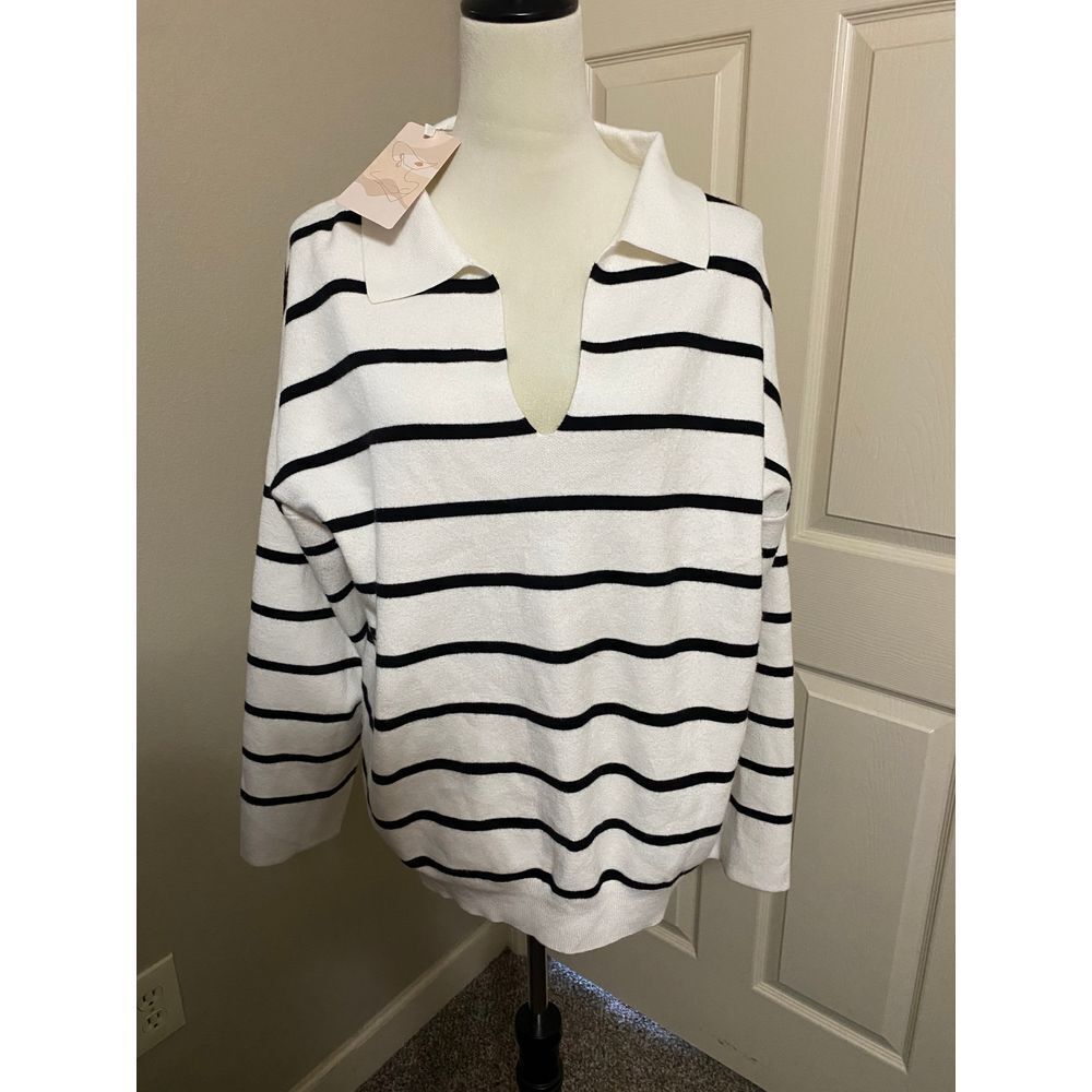 Women's Nautical Striped Sweater Chic Monochrome Knit Coastal Cool Top XL
